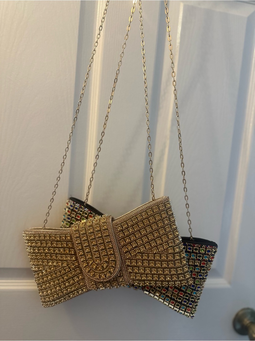 Bowknot Gold Rhinestone Clutch Purse, Crystal Evening Bag with Chain - Picture 5 of 6